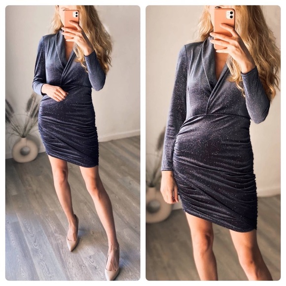 Zara Grey Silver Glitter Shimmer Velvet Bodycon Ruched Dress Blogger’s Favorite! - Picture 10 of 11